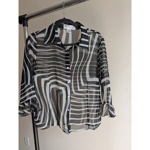 Via Condotti Sheer Geometric Blouse Black White Abstract 3/4 Ruffle Sleeve M